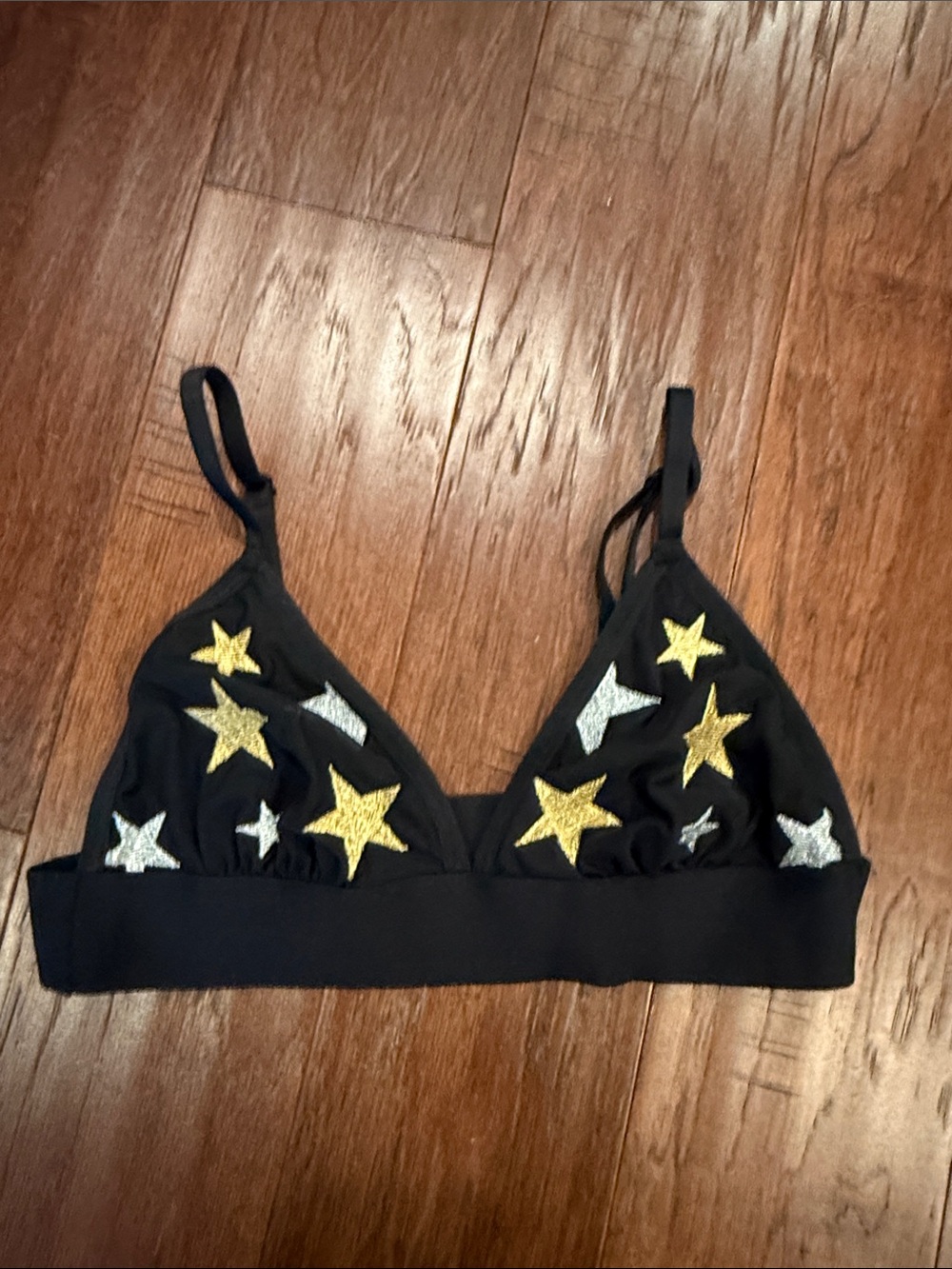 PINK Victoria's Secret Black Bralette with Gold & Silver Star Embroidery